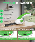 7.2V Cordless Hedge Trimmer And 2 In 1 Handheld Electric Shrub Trimmer With USB-C charging on desk, showing charging lights