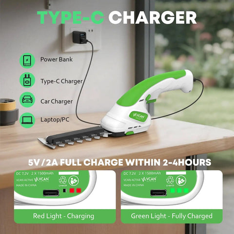 7.2V Cordless Hedge Trimmer And 2 In 1 Handheld Electric Shrub Trimmer With USB-C charging on desk, showing charging lights