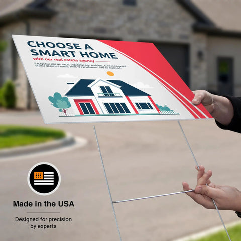 Hand holding Totally Customizable 24x18 Yard Sign With Metal H Stakes, Double Sided Full Color Print Outdoor Corrugated Plastic For Business, Garage Sale, Home Or Office, Made In USA in front of house