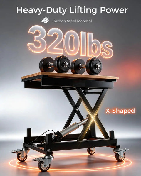 Heavy Duty Electric Lift Table With 320 Lbs Load Capacity, carbon steel X-shaped design, adjustable height.