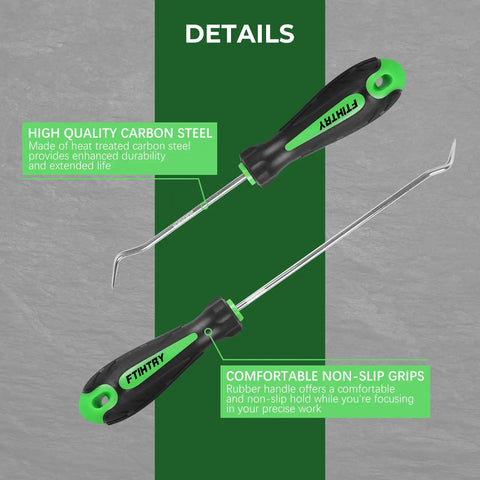 8 Piece Pick And Hook Set For Cars And Auto Repair Precision Mini Hooks And Puller Remover Kit For Oil Seals O Rings And Gaskets Heavy Duty CR-V Steel And Chrome Vanadium Shafts Ergonomic Green Handles, carbon steel grip details
