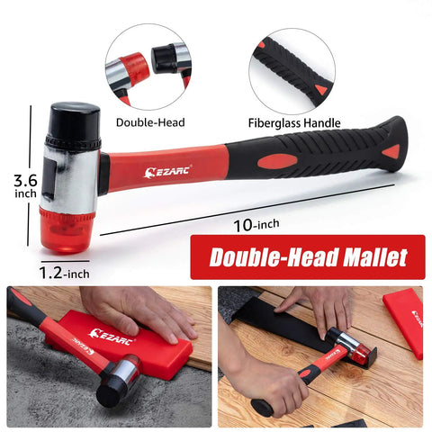 Double-head mallet from 64 Piece Pro Grade Laminate Flooring Installation Kit with fiberglass handle and dimensions label