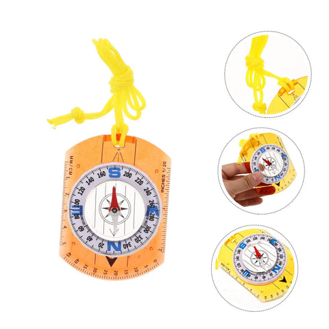 Close-up of Adventure Ready Outdoor Precision Compass with Safety Lanyard showing ruler and luminous pointer for versatile usage.