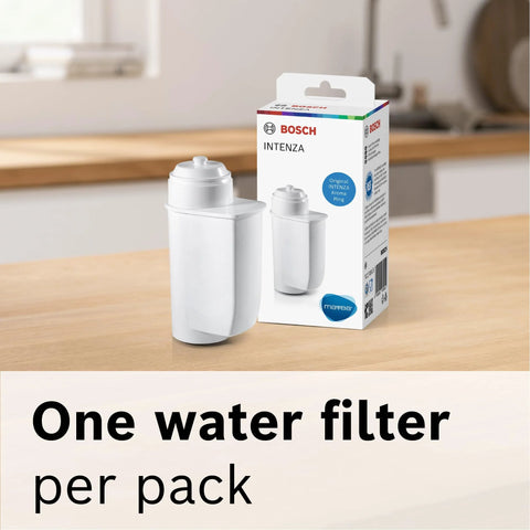 Two Bosch Mavea water filter cartridges for VeroCafe espresso machines, white plastic housings with box, front view