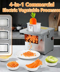 4-in-1 stainless steel commercial vegetable processor with interchangeable blades and carrot on top