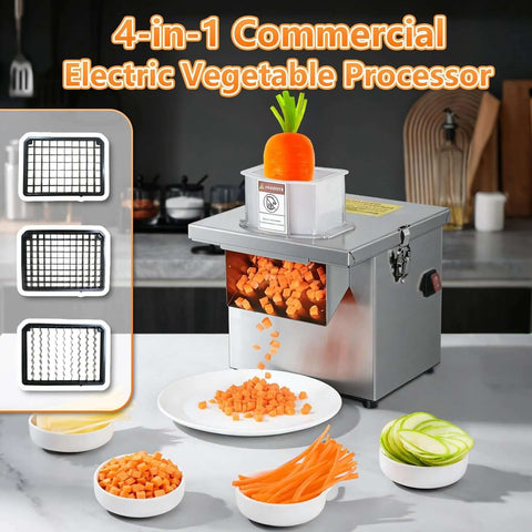 4-in-1 stainless steel commercial vegetable processor with interchangeable blades and carrot on top