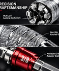Adjustable Universal Socket Wrench For 38 Inch Drive Ratchet And Torque Adapter Three Piece Set showing precision craftsmanship, multi-jaw locking mechanism, non-slip grip.