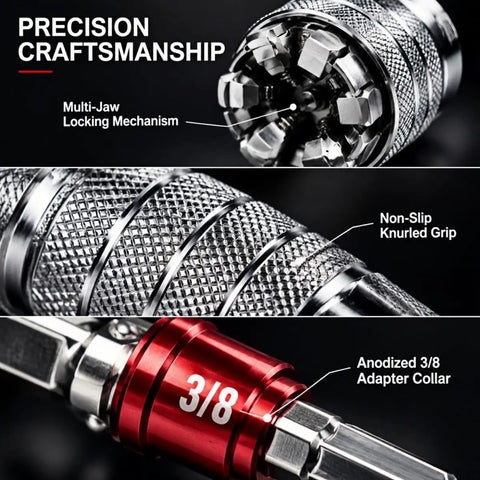 Adjustable Universal Socket Wrench For 38 Inch Drive Ratchet And Torque Adapter Three Piece Set showing precision craftsmanship, multi-jaw locking mechanism, non-slip grip.