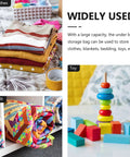 Lowkey Huge Underbed Storage Container And Clothes Organizer Features Grippy Handles And Smooth Slide Design For Sneaking Away Blankets And Bedding Without Any Drama Or Mess So You Can Keep Your Setup Clean And Sharp, showing folded clothes, colorful quilts, and toys.