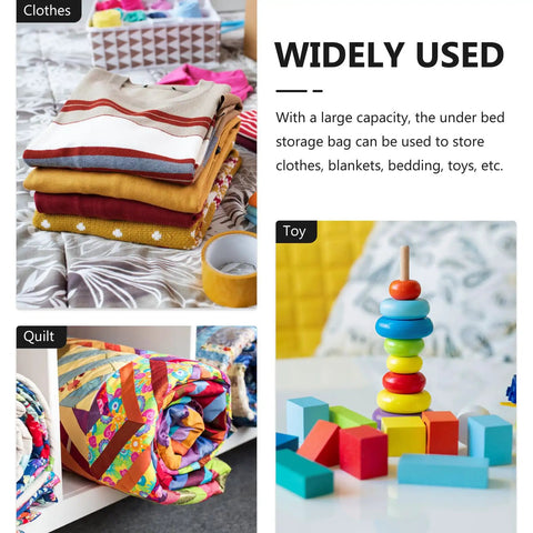 Lowkey Huge Underbed Storage Container And Clothes Organizer Features Grippy Handles And Smooth Slide Design For Sneaking Away Blankets And Bedding Without Any Drama Or Mess So You Can Keep Your Setup Clean And Sharp, showing folded clothes, colorful quilts, and toys.