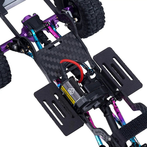Carbon Fiber LCG Chassis Frame Rail Kit for 1/24 RC Crawler shown installed with visible carbon fiber texture and shock mounts