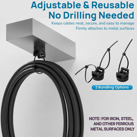 Magnetic Cable Tie Set With 25 Mounts And 200 Self Locking Ties Big Value Cable Management Kit For Home Office And Workshop in use on metal surface.