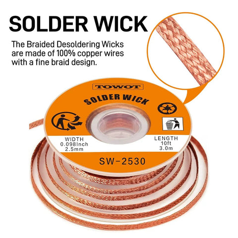 Pro Grade Desoldering Wick And No Clean Flux Paste Kit For Electronics Repair, 10Ft Copper Braided Wick And 10Cc Rosin Flux