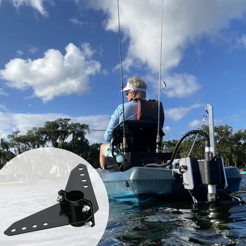 Man kayaking with NK-180S motor, inset of Steering Triangle For Newport NK-180S Kayak Motor Stainless Steel
