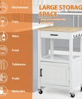 Smooth Rolling Kitchen Island Cart With Heavy Duty Casters And Solid Wood Top, White Mobile Coffee Bar And Microwave Stand For Dining Rooms, features large storage and utility.