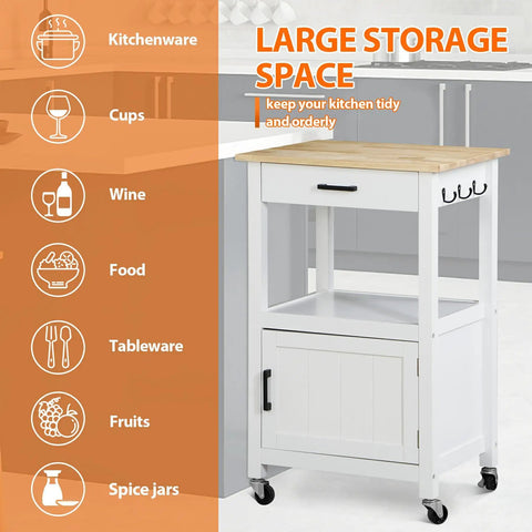 Smooth Rolling Kitchen Island Cart With Heavy Duty Casters And Solid Wood Top, White Mobile Coffee Bar And Microwave Stand For Dining Rooms, features large storage and utility.