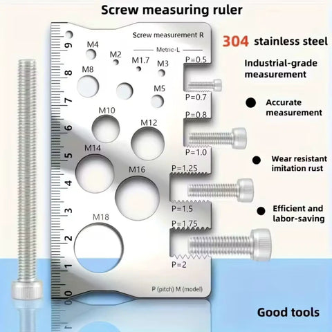 Sturdy Stainless Steel Screw Measuring Ruler With Precision Thread And Distance Gauge For Screws Bolts And Nuts, Durable Rust Resistant Thickened Forged Design For Easy Read, Quick Fits, And Accurate Sizing., stainless steel screw measuring ruler with metric thread holes M4 to M18 and bolt pitch gauge