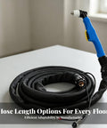 Workhorse Metal Cutting Torch Assembly With Thick Fireproof Leather Sleeve And Eight Meter Copper Cord Featuring Zero Leak Connectors And Drop Dead Easy Setup For Real Shop Fabrication Jobs with coiled black hose and blue handle.