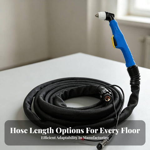 Workhorse Metal Cutting Torch Assembly With Thick Fireproof Leather Sleeve And Eight Meter Copper Cord Featuring Zero Leak Connectors And Drop Dead Easy Setup For Real Shop Fabrication Jobs with coiled black hose and blue handle.