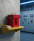 Heavy Duty Industrial Lockout Lock Box Featuring Grab And Go Group Safety Stash For Tags And Hasps secure on yellow shelf.