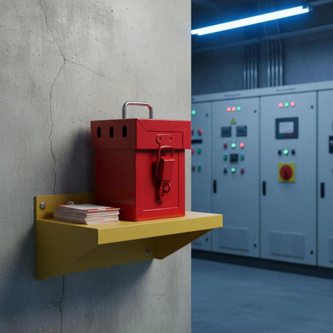Heavy Duty Industrial Lockout Lock Box Featuring Grab And Go Group Safety Stash For Tags And Hasps secure on yellow shelf.
