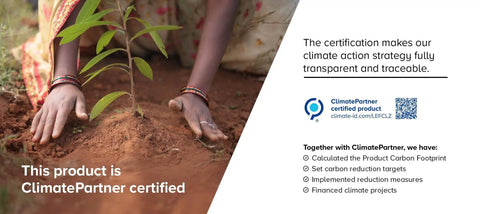Person planting a sapling with ClimatePartner certification text on sustainability and carbon footprint measures.