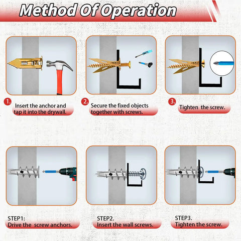 Self Drilling Drywall Anchors And Screws Kit For Easy Install With Five Size Metal Expansion Bolts For Drywall 220 Pcs Total Including 110 Sheetrock Anchors And 110 Screws No Drill Needed Finished In Gold And Silver instruction steps