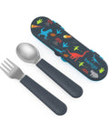 Kids Stainless Steel Utensil Set With Fork And Spoon, Reusable PFAS Free BPA Free Case, Dinosaur theme, easy grip handles.