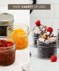 Wide Mouth Quilted Crystal Jelly Jars With Lids And Bands For Canning, Juices, Jams, Jellies, Sauces, Pickles, Mustard And Flavored Vinegars, Quarter Pint Size, Pack Of 6 with various contents