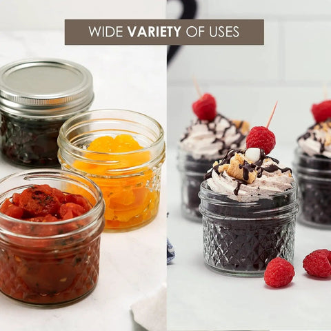Wide Mouth Quilted Crystal Jelly Jars With Lids And Bands For Canning, Juices, Jams, Jellies, Sauces, Pickles, Mustard And Flavored Vinegars, Quarter Pint Size, Pack Of 6 with various contents