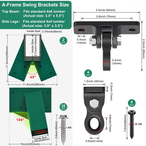 Heavy Duty Swing Set Brackets Kit With 2 Green A Frame Brackets Ready To Roll 4 Black Swing Hangers And 2 Black Swing Seats For Easy DIY Backyard Playground Setup For Kids And Toddlers
