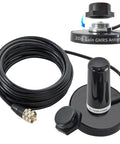 3.5 Inch NMO Dual Band VHF UHF Antenna With Magnetic Base And Coax Cable For CB Ham Radio Marine Mobile And Two Way Radios NMO Mount Cap Two Point Five DBi Gain close-up of magnetic base and cable