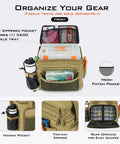 Front view of medium water resistant tackle bag for saltwater or freshwater fishing gear storage holds up to six 3600 lure boxes