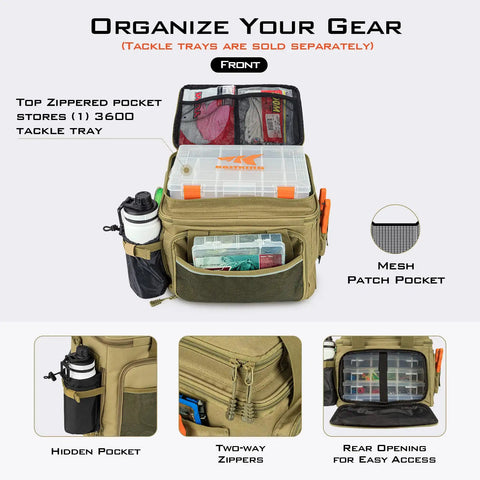 Front view of medium water resistant tackle bag for saltwater or freshwater fishing gear storage holds up to six 3600 lure boxes
