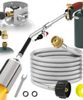 Heavy Duty Propane Weed Torch Kit With Turbo Trigger, high BTU flame, includes 1lb propane converter and 10ft braided hose.