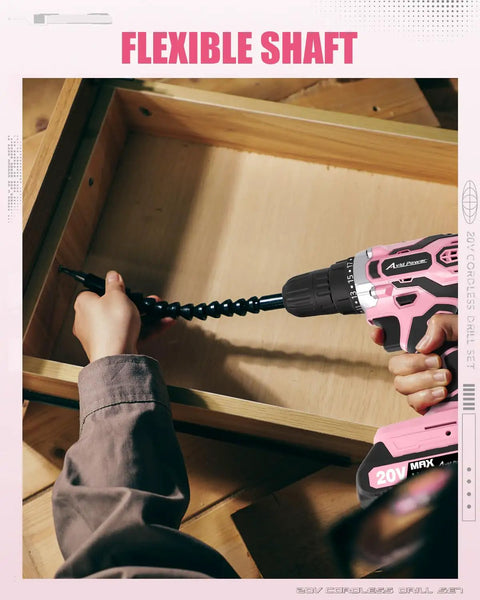 Using 20V Max Cordless Drill Kit with battery and charger two speeds three eighths inch keyless chuck pink color for DIY projects like furniture assembly