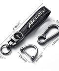 Hella Durable Genuine Leather Car Keychain Compatible With Honda Accord with zinc alloy ring and key attachments.