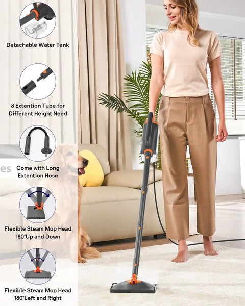 Slick 20 In 1 Steam Mop Cleaner With Detachable Handheld Steamer And Rapid Heat Up Tech in use on carpet with a flexible mop head.