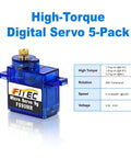5 Pack 9G Micro Servo With 360 Degree Continuous Rotation And Metal Gear MG90 for Arduino Projects, RC Vehicles, and Robotics.