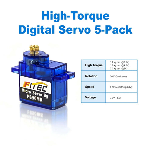 5 Pack 9G Micro Servo With 360 Degree Continuous Rotation And Metal Gear MG90 for Arduino Projects, RC Vehicles, and Robotics.