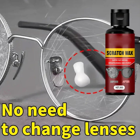 Lens Scratch Remover For Glasses And Eyewear 30g Multi Use Cleaner shown with scratched eyeglasses highlighting scratch repair