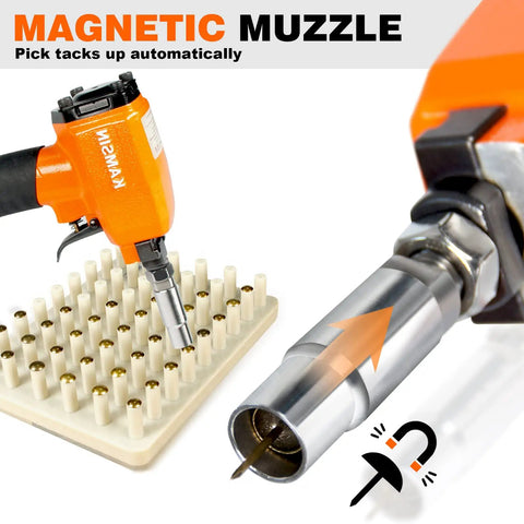 Pneumatic Decorative Nailer For Upholstery Tack Gun showing magnetic muzzle with tacks and nailheads, ideal for vintage furniture.
