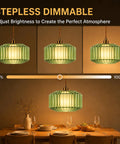 UUSWAWW Plug in Pendant Hanging Light Fixture Green Drum Glass with Fabric Inner Shade, showing stepless dimming options for ambiance.