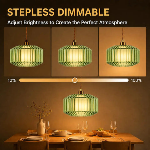 UUSWAWW Plug in Pendant Hanging Light Fixture Green Drum Glass with Fabric Inner Shade, showing stepless dimming options for ambiance.