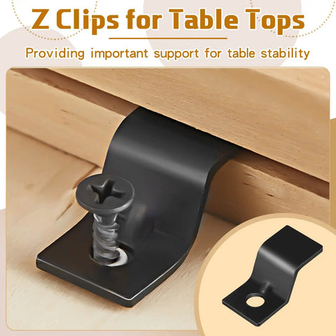 Garage Quality Heavy Duty Table Top Fasteners And Z Clips 100 Set With Screws Solid Steel Metal connector for secure table support.