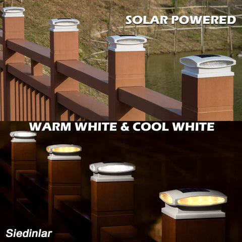 Solar Post Cap Lights With 24 LEDs Two Color Modes Warm White And Cool White For 4x4 5x5 6x6 Posts on a deck at dusk