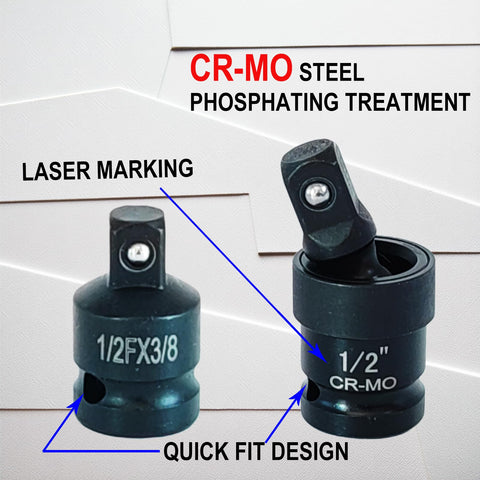 Rugged 10 Piece Impact Swivel Socket Set With CrMo Steel Includes Quarter Inch Three Eighth Inch And Half Inch Sockets, laser marking