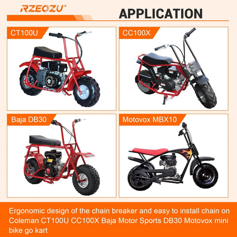RZEOZU chain breaker tool collage of four minibikes: CT100U, CC100X, Baja DB30, Motovox MBX10