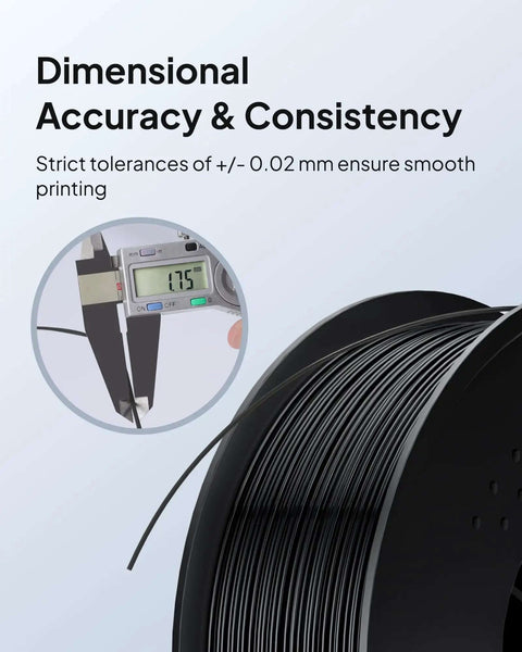 TPU Filament 1.75mm Black 2Kg Twin Spool 95A Flexible Soft 3D Printing Filament with caliper measurement showing dimensional accuracy.