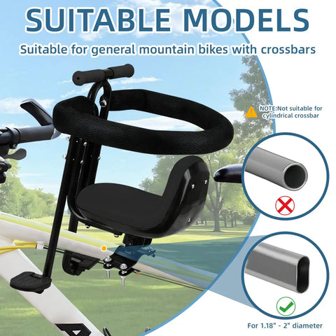 Front Mounted Child Bike Seat For Adult Mountain Bikes With Full Guardrail And Foot Pedals And Removable Foot Straps Adjustable Height For Kids 1 To 5 Years Up To 55 Lbs Easy Install on a suitable bike model diagram.